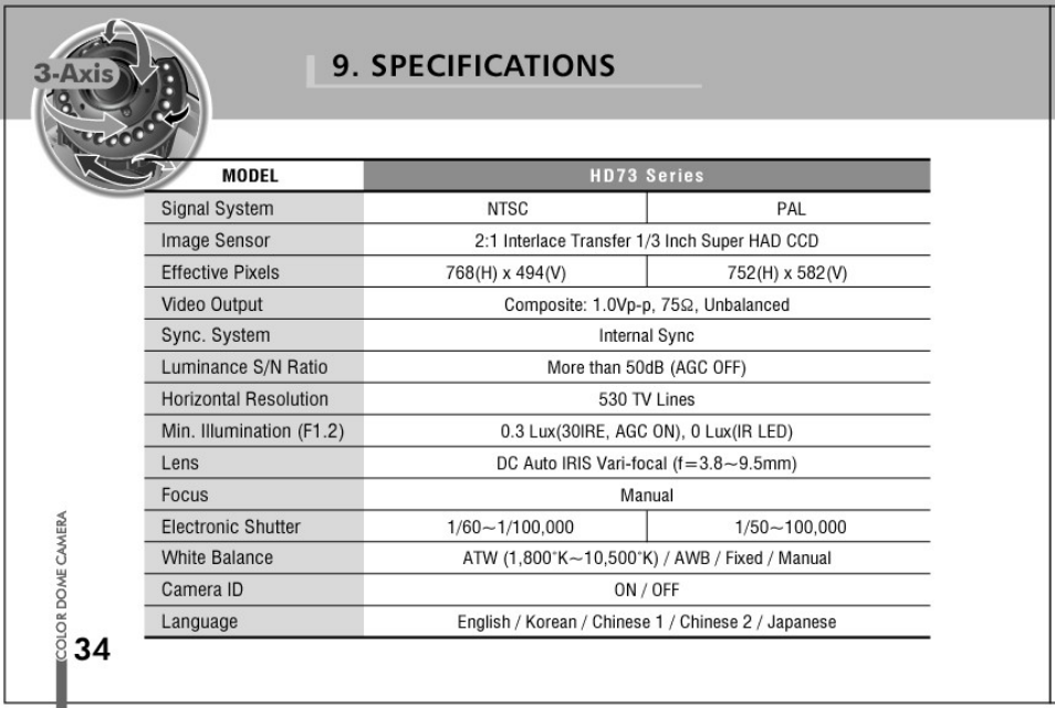 Specifications, 34 9. specifications | Honeywell HD73 User Manual | Page 34 / 40