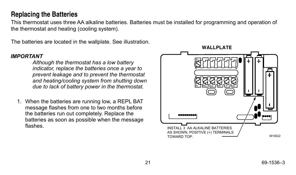 Replacing the batteries | Honeywell CHRONOTHERM IV T8665A User Manual | Page 21 / 48