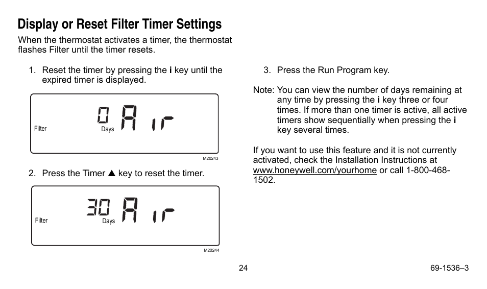 Display or reset filter timer settings | Honeywell CHRONOTHERM IV T8665A User Manual | Page 24 / 48