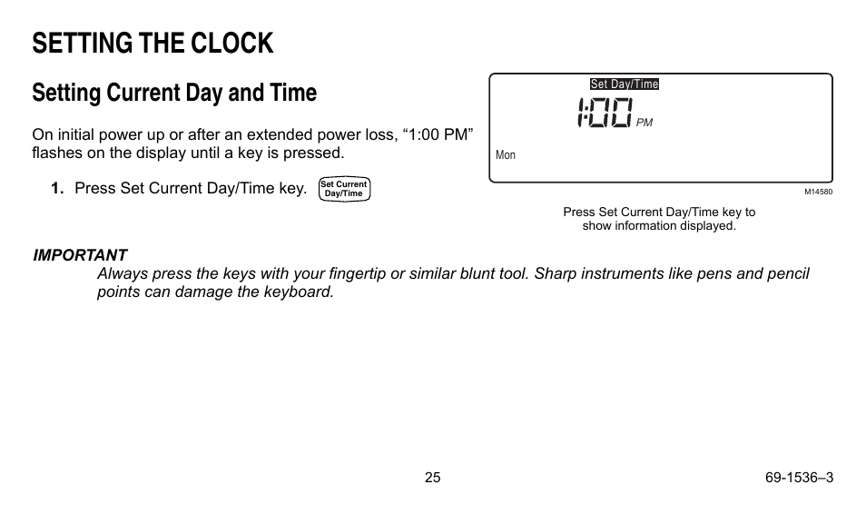 Setting the clock, Setting current day and time | Honeywell CHRONOTHERM IV T8665A User Manual | Page 25 / 48