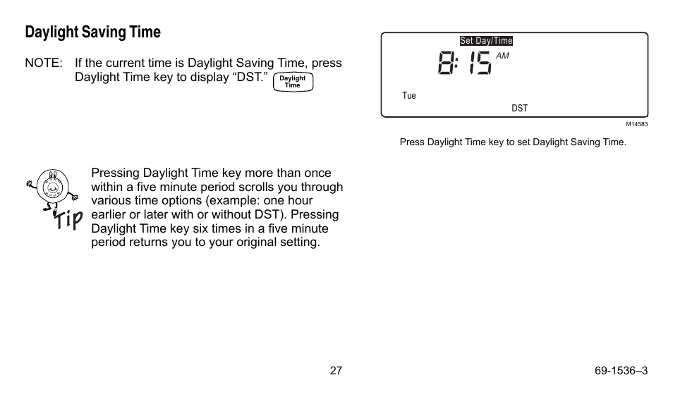 Daylight saving time | Honeywell CHRONOTHERM IV T8665A User Manual | Page 27 / 48