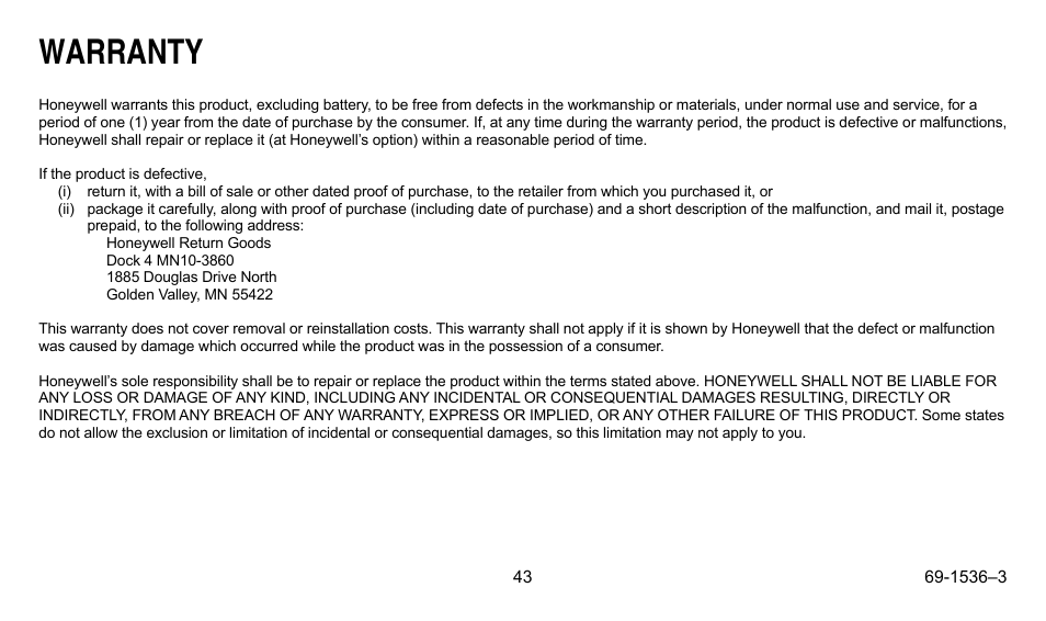 Warranty | Honeywell CHRONOTHERM IV T8665A User Manual | Page 43 / 48