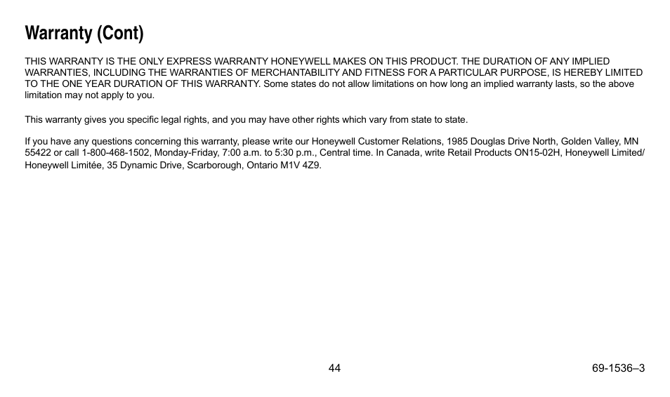 Warranty (cont) | Honeywell CHRONOTHERM IV T8665A User Manual | Page 44 / 48