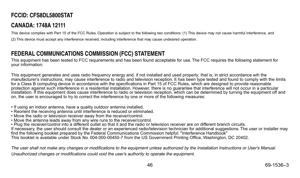 Federal communications commission (fcc) statement | Honeywell CHRONOTHERM IV T8665A User Manual | Page 46 / 48