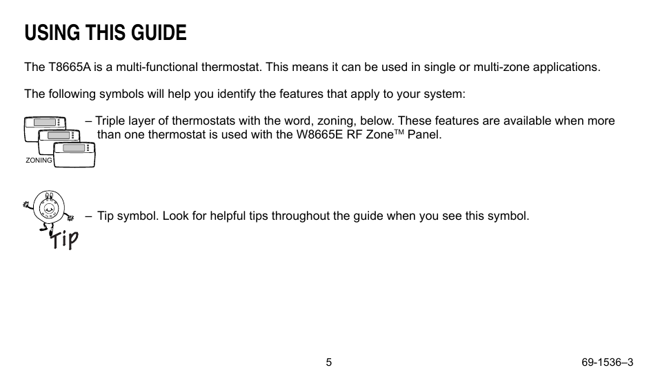 Using this guide | Honeywell CHRONOTHERM IV T8665A User Manual | Page 5 / 48