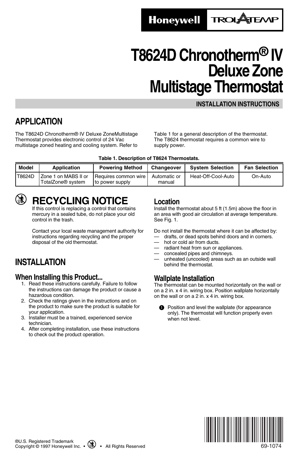 Honeywell CHRONOTERM IV T8624D User Manual | 12 pages