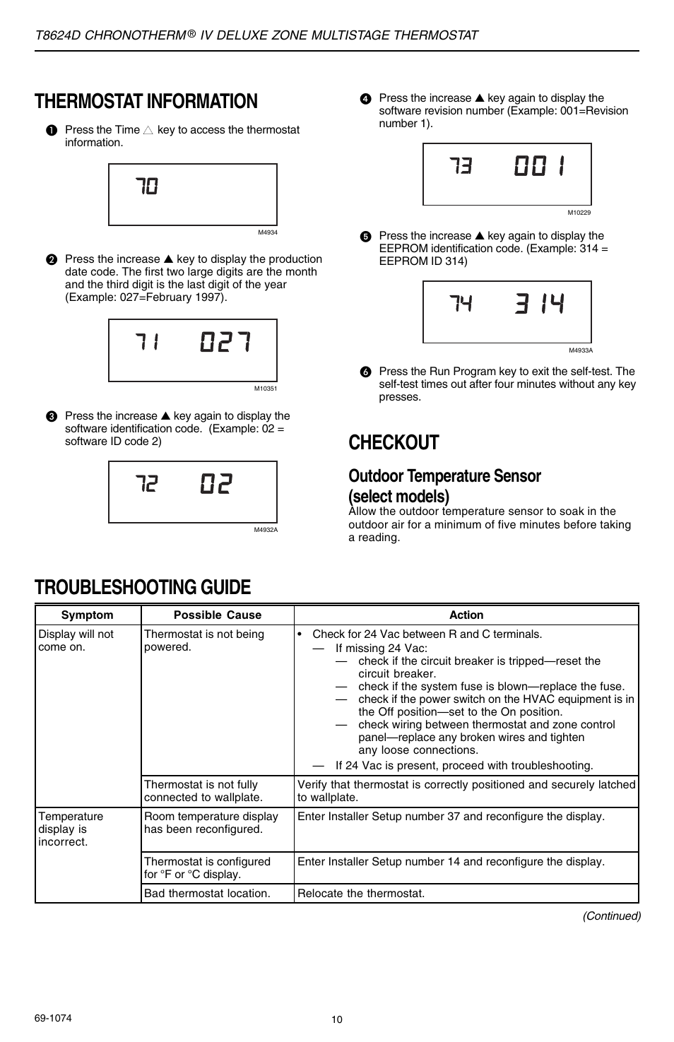 Thermostat information, Checkout, Troubleshooting guide | Outdoor temperature sensor (select models) | Honeywell CHRONOTERM IV T8624D User Manual | Page 10 / 12