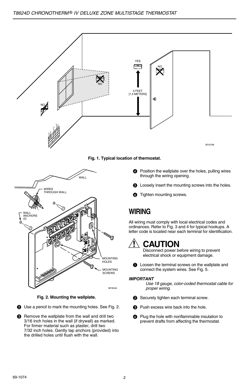 Caution, Wiring | Honeywell CHRONOTERM IV T8624D User Manual | Page 2 / 12