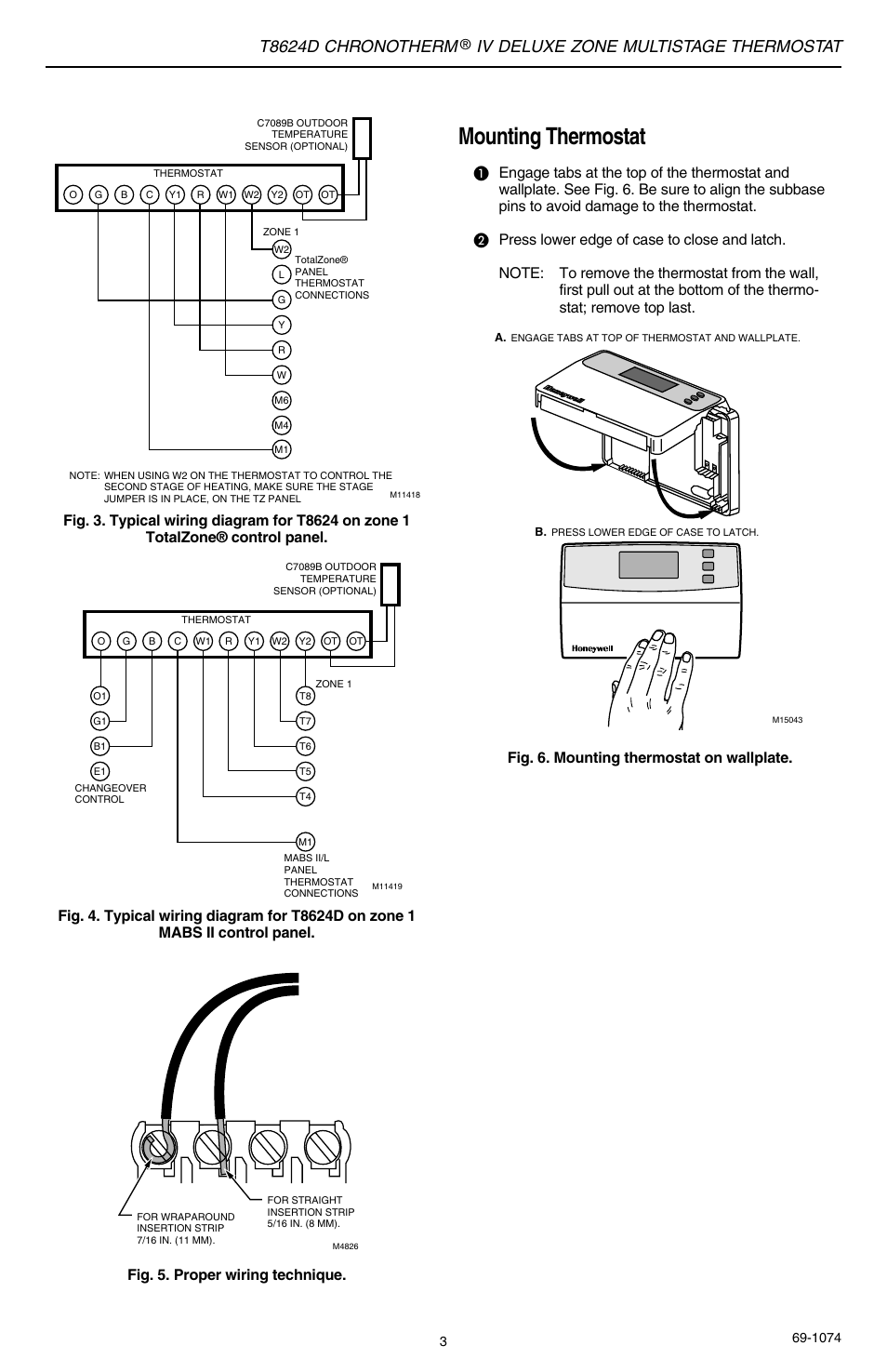 Mounting thermostat, T8624d chronotherm, Iv deluxe zone multistage thermostat | Fig. 6. mounting thermostat on wallplate | Honeywell CHRONOTERM IV T8624D User Manual | Page 3 / 12