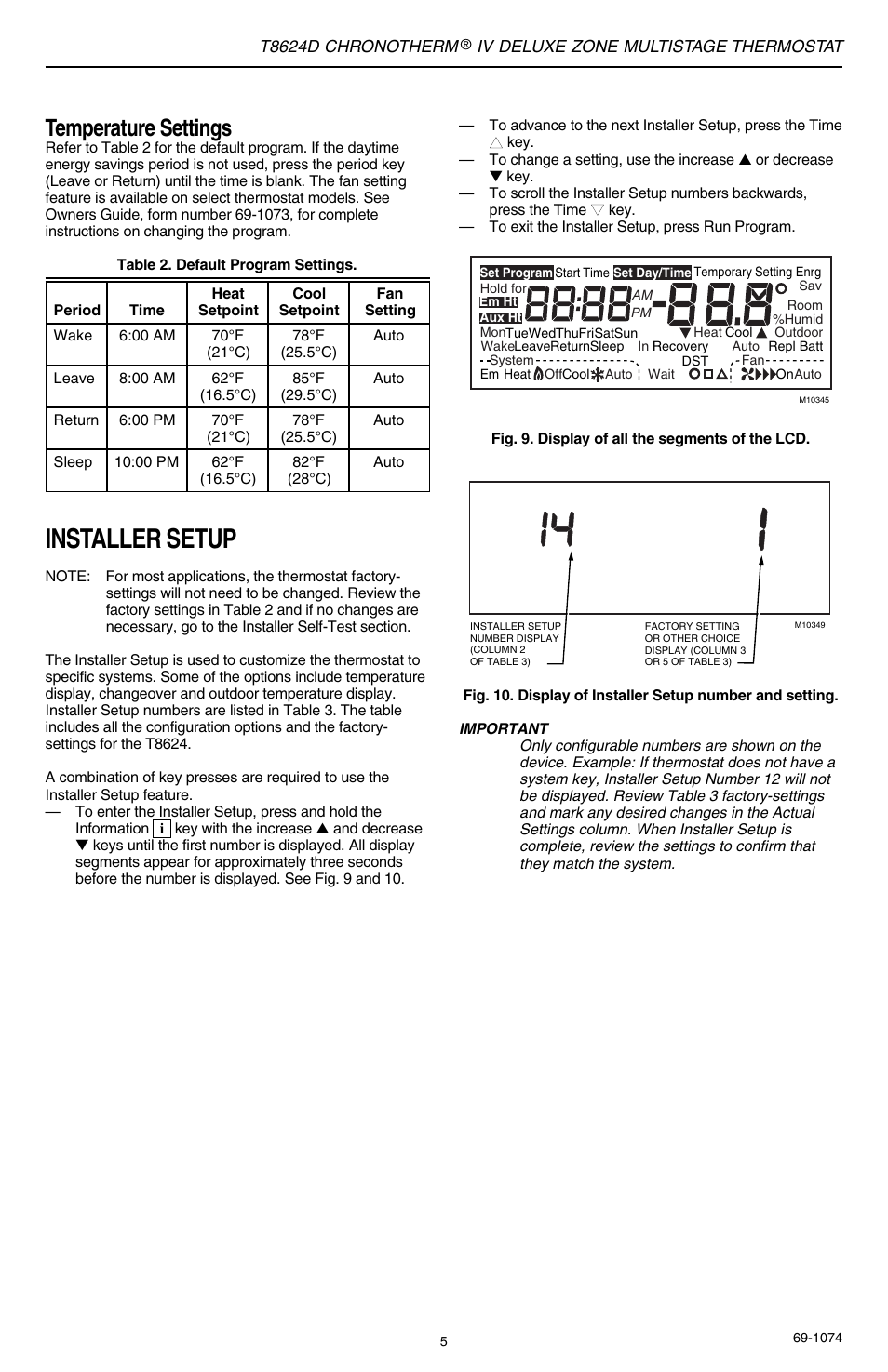 Installer setup, Temperature settings | Honeywell CHRONOTERM IV T8624D User Manual | Page 5 / 12