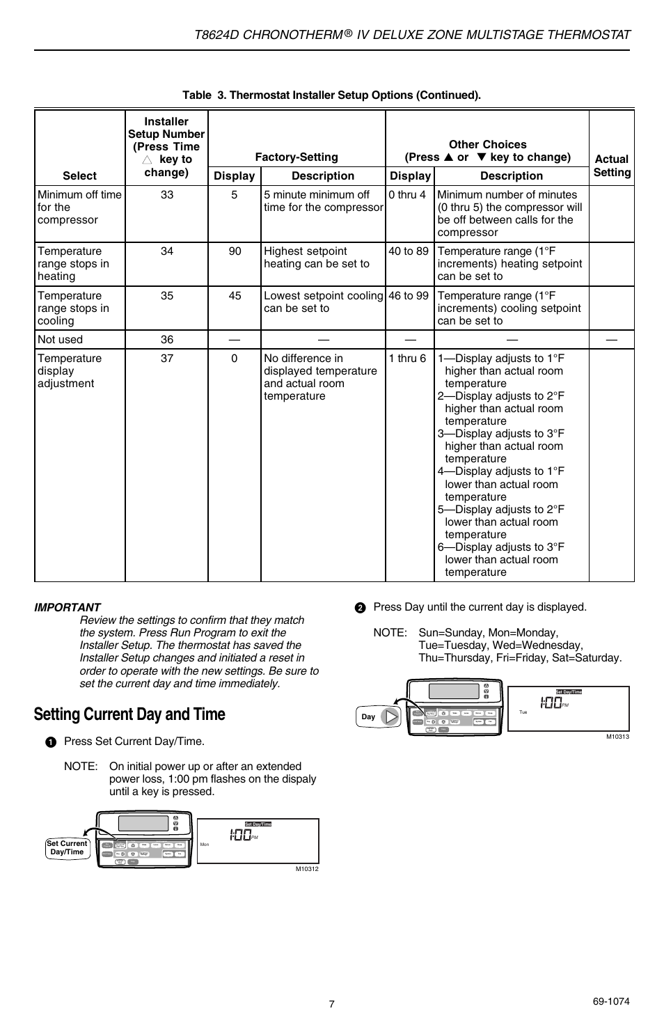 Setting current day and time, T8624d chronotherm, Iv deluxe zone multistage thermostat | Honeywell CHRONOTERM IV T8624D User Manual | Page 7 / 12