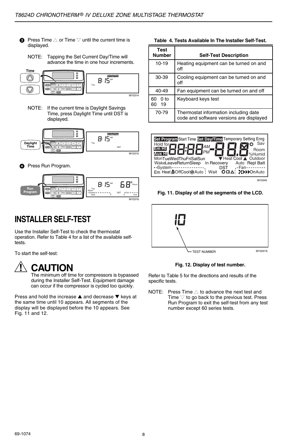 Caution, Installer self-test, T8624d chronotherm | Iv deluxe zone multistage thermostat, ᕤpress run program, Fig. 11. display of all the segments of the lcd | Honeywell CHRONOTERM IV T8624D User Manual | Page 8 / 12