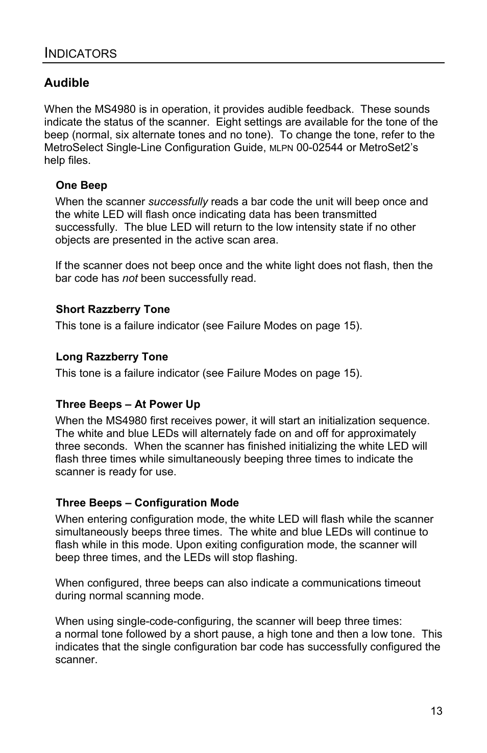 Indicators, Audible | Honeywell MS4980 User Manual | Page 17 / 48