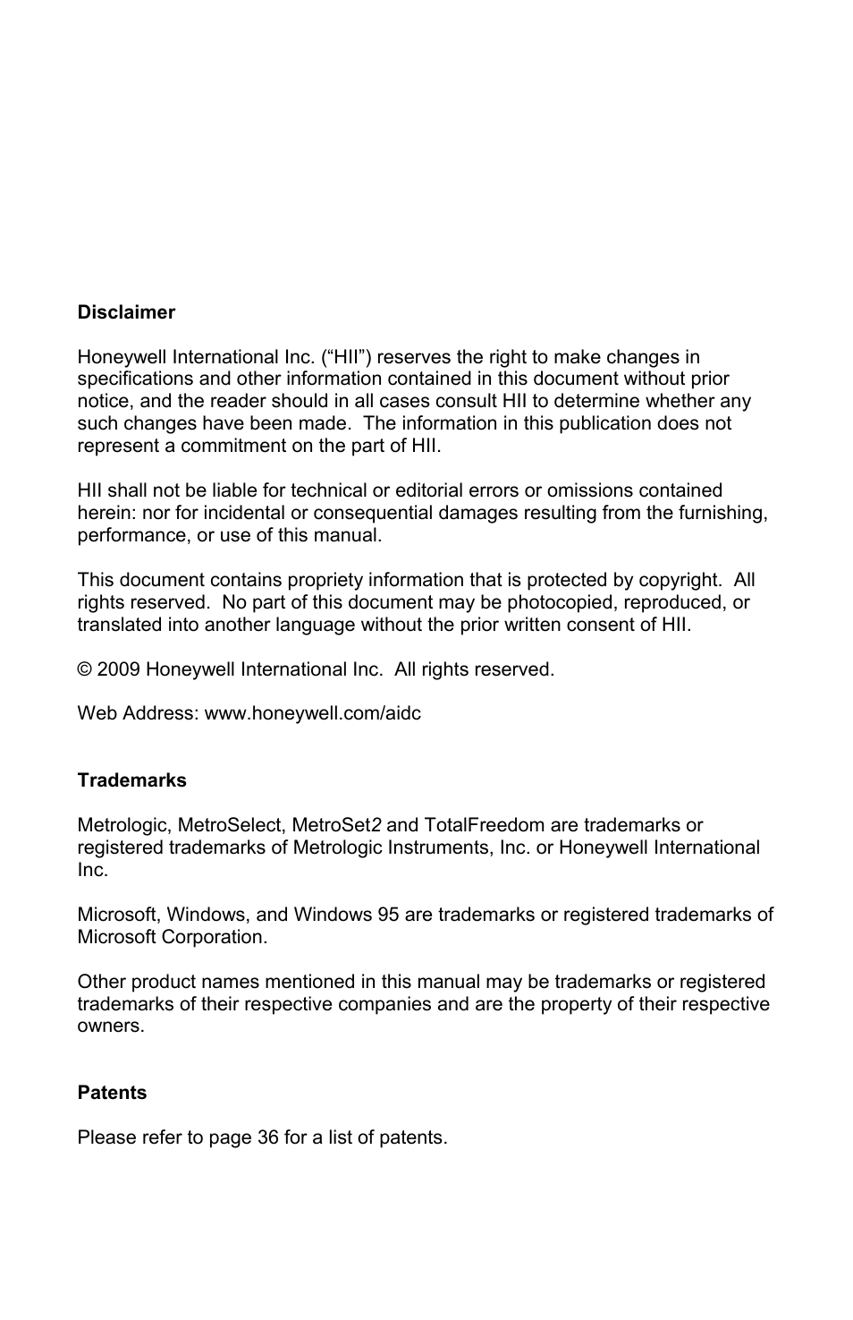 Disclaimer / trademarks | Honeywell MS4980 User Manual | Page 2 / 48