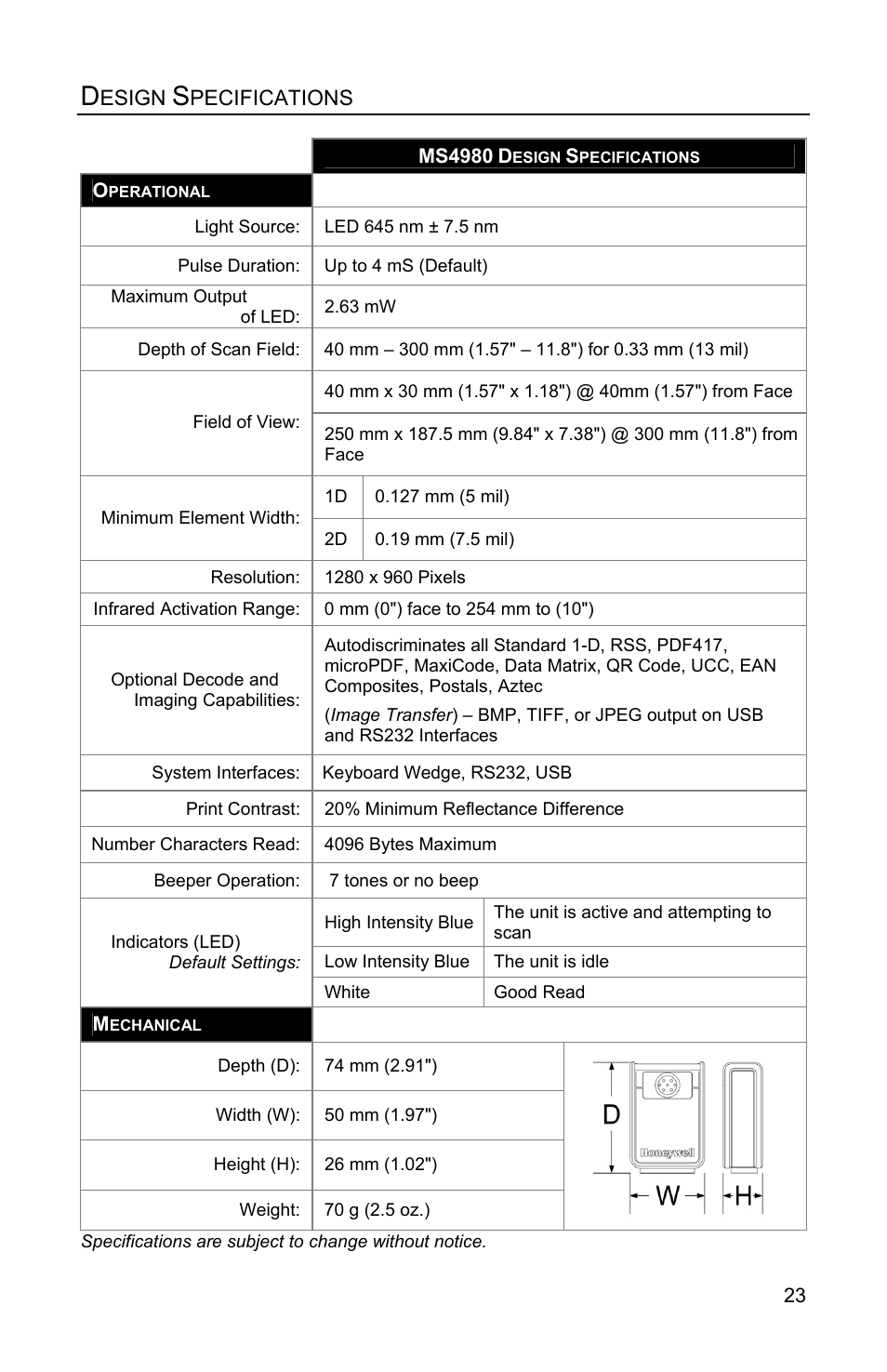 Design specifications, Operational, Mechanical | Honeywell MS4980 User Manual | Page 27 / 48