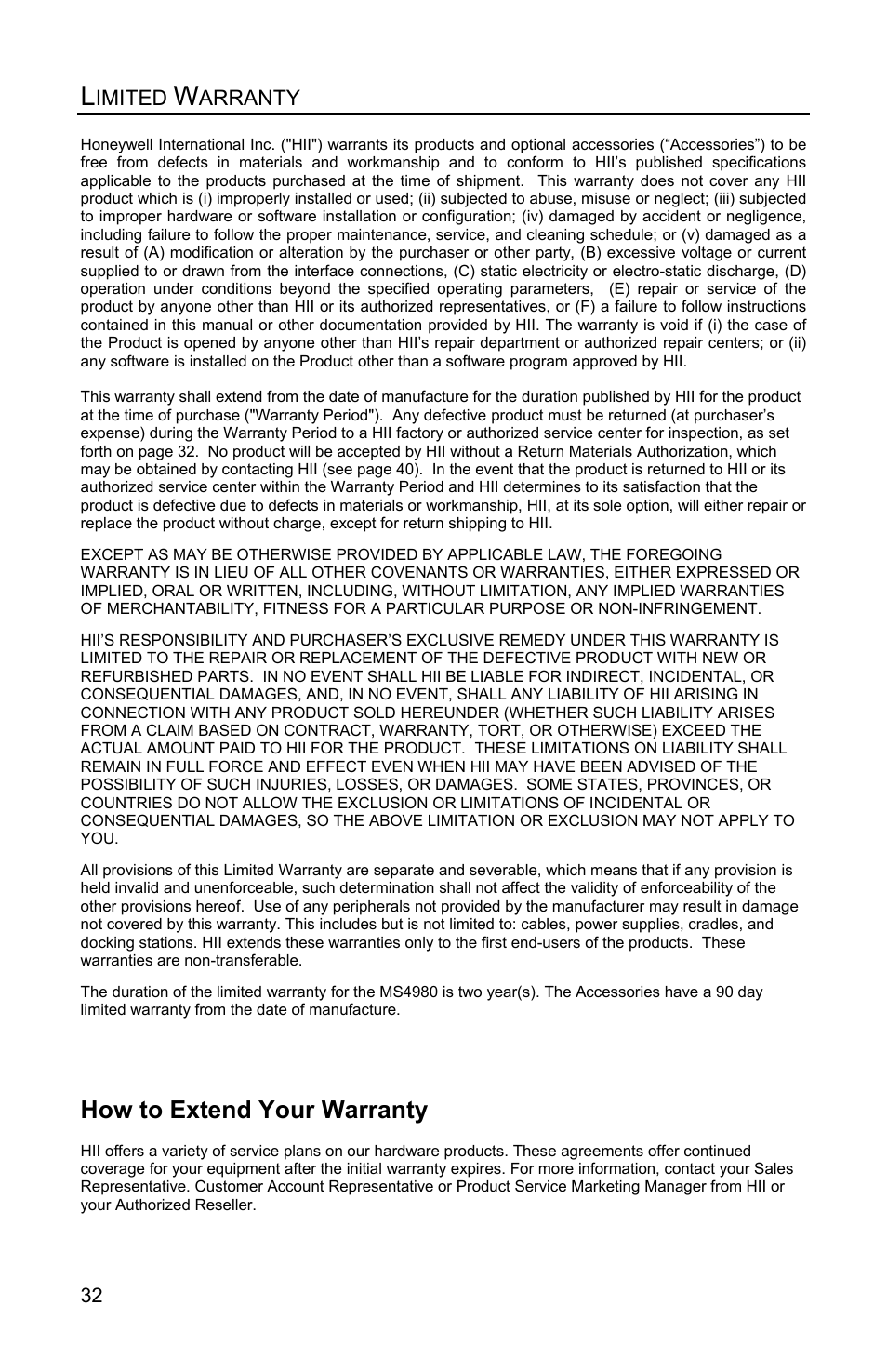 Limited warranty, How to extend your warranty | Honeywell MS4980 User Manual | Page 36 / 48