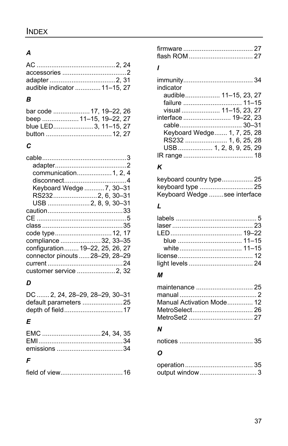 Index | Honeywell MS4980 User Manual | Page 41 / 48