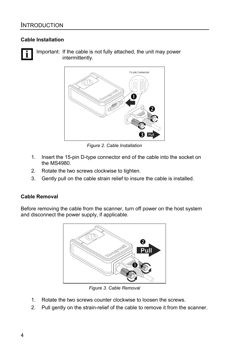 Cable installation, Cable removal | Honeywell MS4980 User Manual | Page 8 / 48
