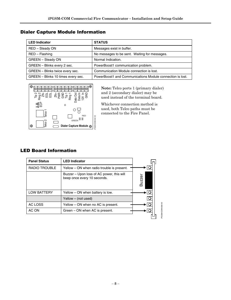 Dialer capture module information, Led board information, Buzzer | Honeywell 800-04433V1 User Manual | Page 10 / 16