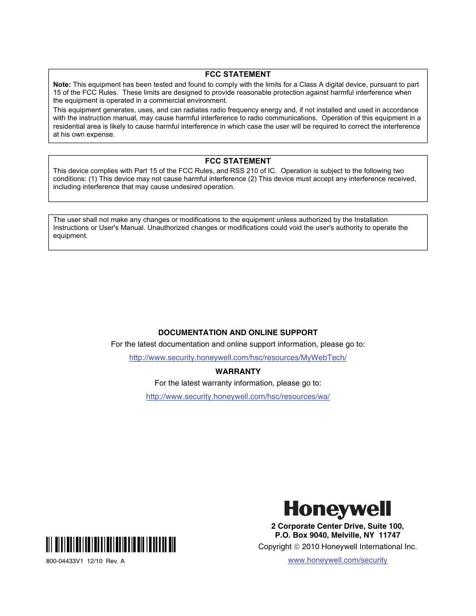 Honeywell 800-04433V1 User Manual | Page 16 / 16