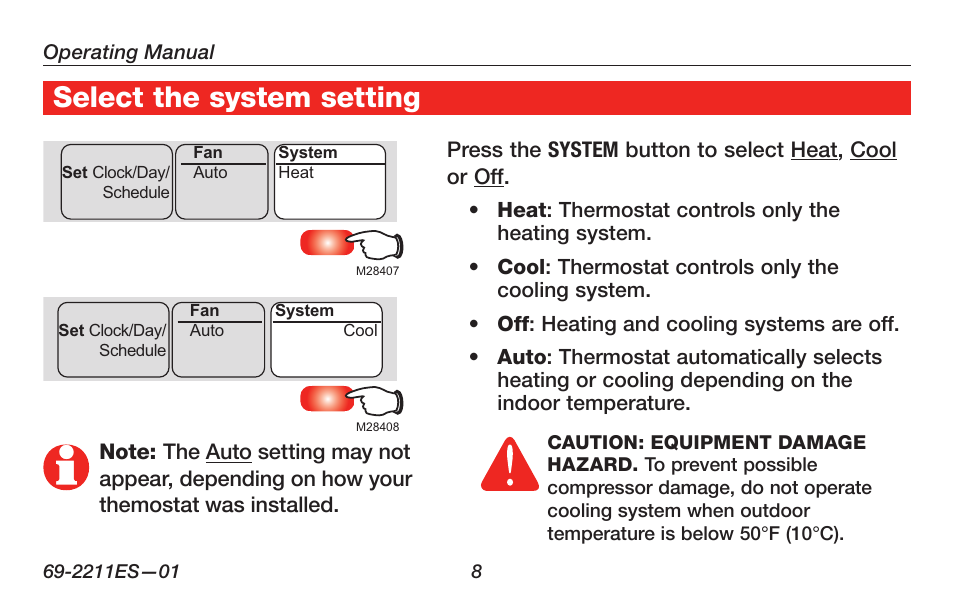 Select the system setting | Honeywell RTH6400 User Manual | Page 10 / 52