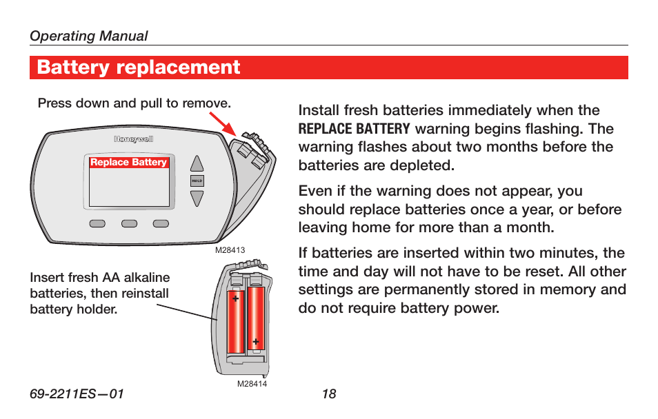 About your new thermostat, Battery replacement | Honeywell RTH6400 User Manual | Page 20 / 52