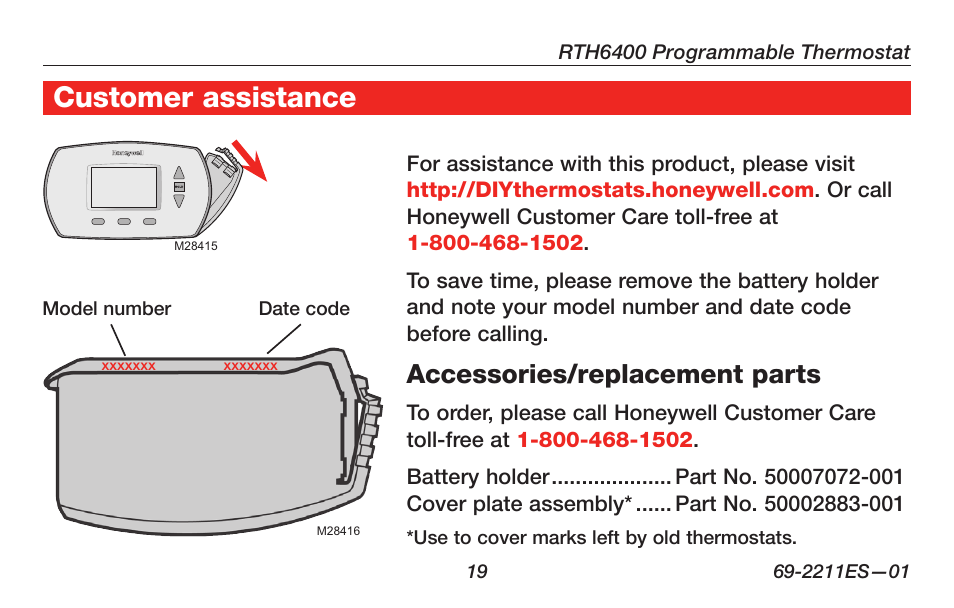 About your new thermostat, Customer assistance, Accessories/replacement parts | Honeywell RTH6400 User Manual | Page 21 / 52