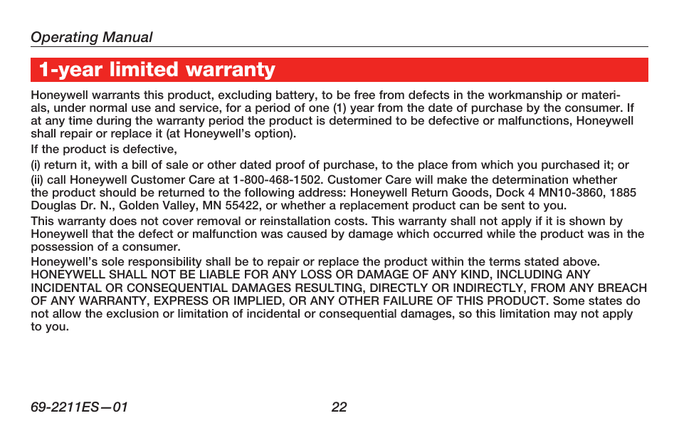 Year limited warranty | Honeywell RTH6400 User Manual | Page 24 / 52