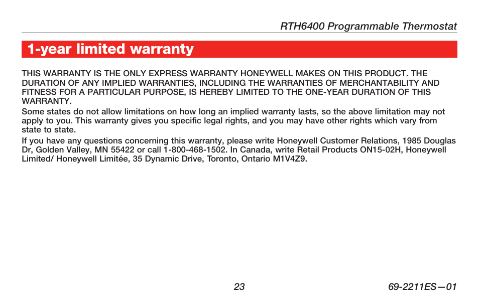 Year limited warranty | Honeywell RTH6400 User Manual | Page 25 / 52