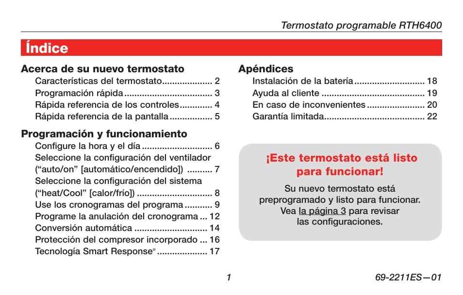 Acerca de su nuevo termostato, Índice | Honeywell RTH6400 User Manual | Page 29 / 52