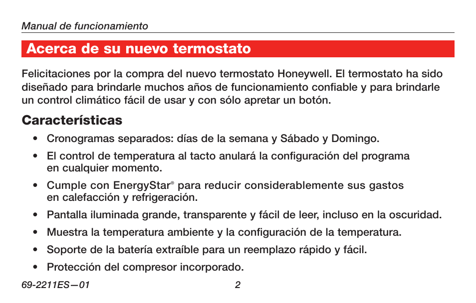 Acerca de su nuevo termostato | Honeywell RTH6400 User Manual | Page 30 / 52