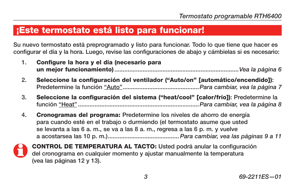 Este termostato está listo para funcionar | Honeywell RTH6400 User Manual | Page 31 / 52