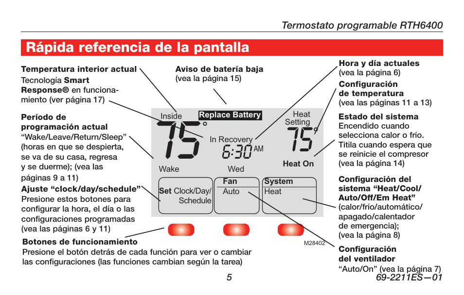 Rápida referencia de la pantalla | Honeywell RTH6400 User Manual | Page 33 / 52