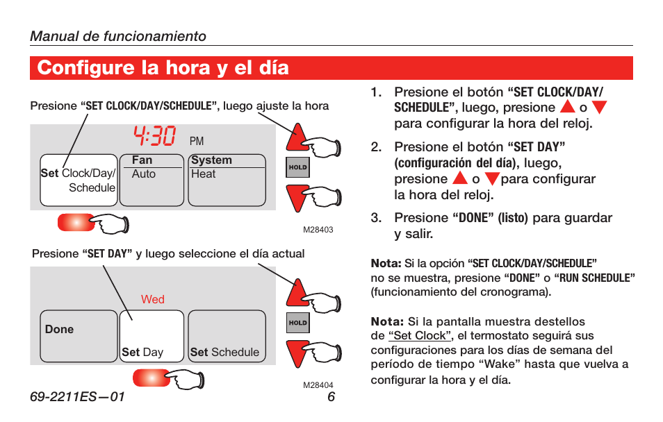 Configure la hora y el día | Honeywell RTH6400 User Manual | Page 34 / 52