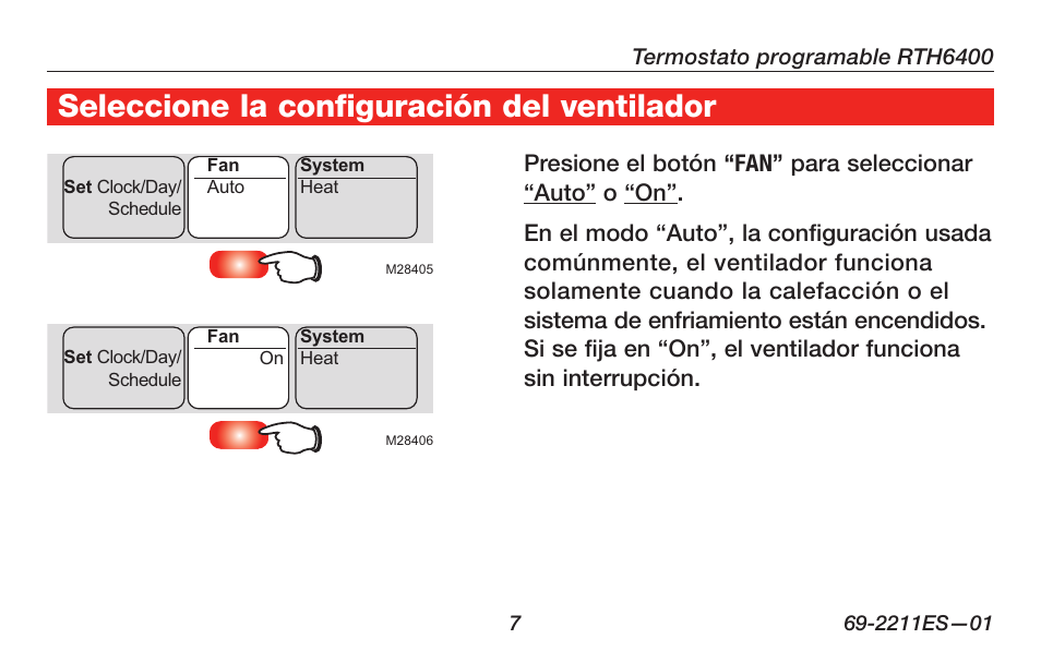 Seleccione la configuración del ventilador | Honeywell RTH6400 User Manual | Page 35 / 52