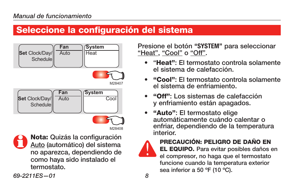 Seleccione la configuración del sistema | Honeywell RTH6400 User Manual | Page 36 / 52