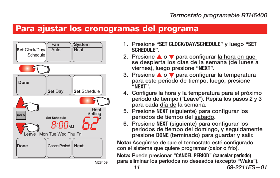 Para ajustar los cronogramas del programa | Honeywell RTH6400 User Manual | Page 39 / 52