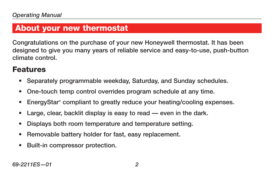 About your new thermostat, Features | Honeywell RTH6400 User Manual | Page 4 / 52