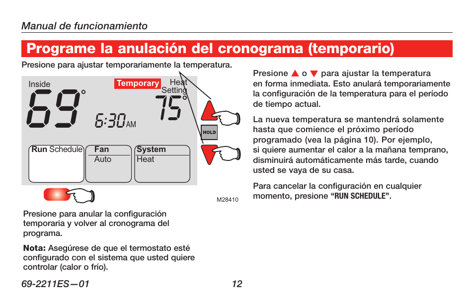 Programe la anulación del cronograma (temporario) | Honeywell RTH6400 User Manual | Page 40 / 52