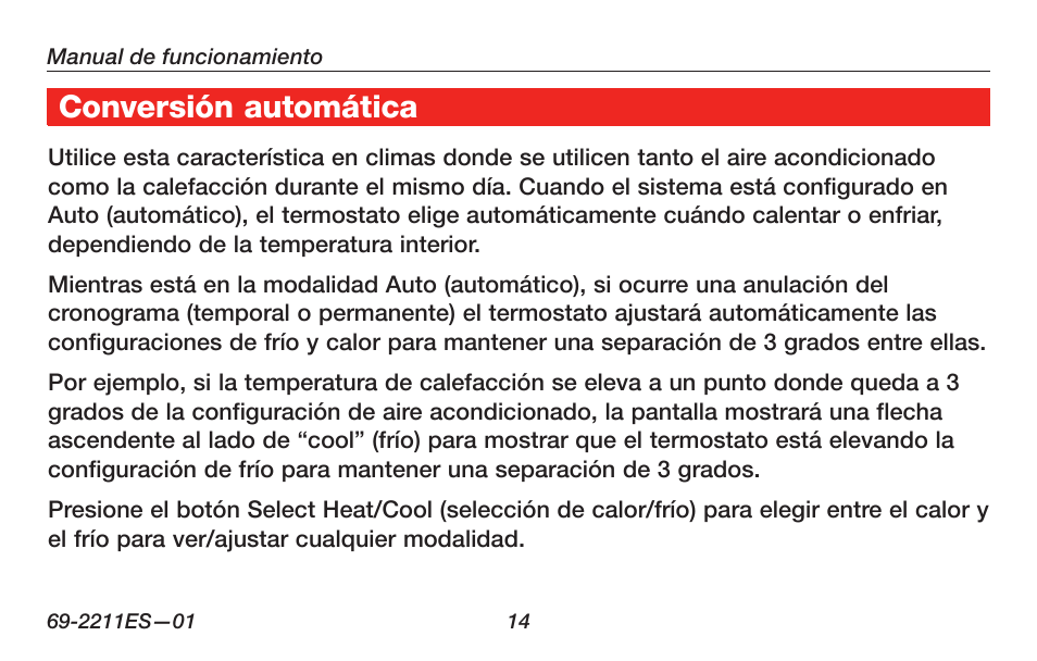 Acerca de su nuevo termostato, Conversión automática | Honeywell RTH6400 User Manual | Page 42 / 52