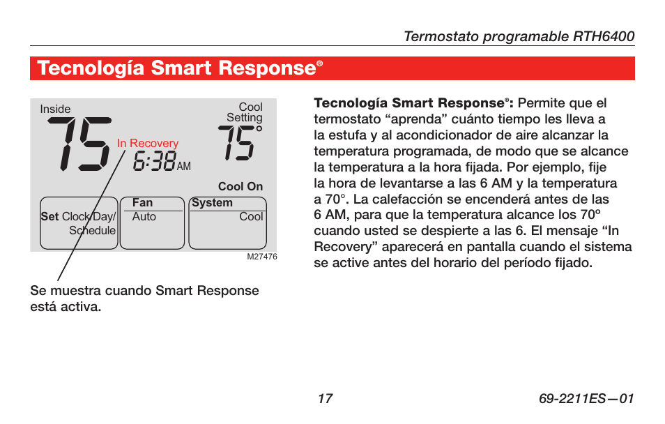 Tecnología smart response | Honeywell RTH6400 User Manual | Page 45 / 52