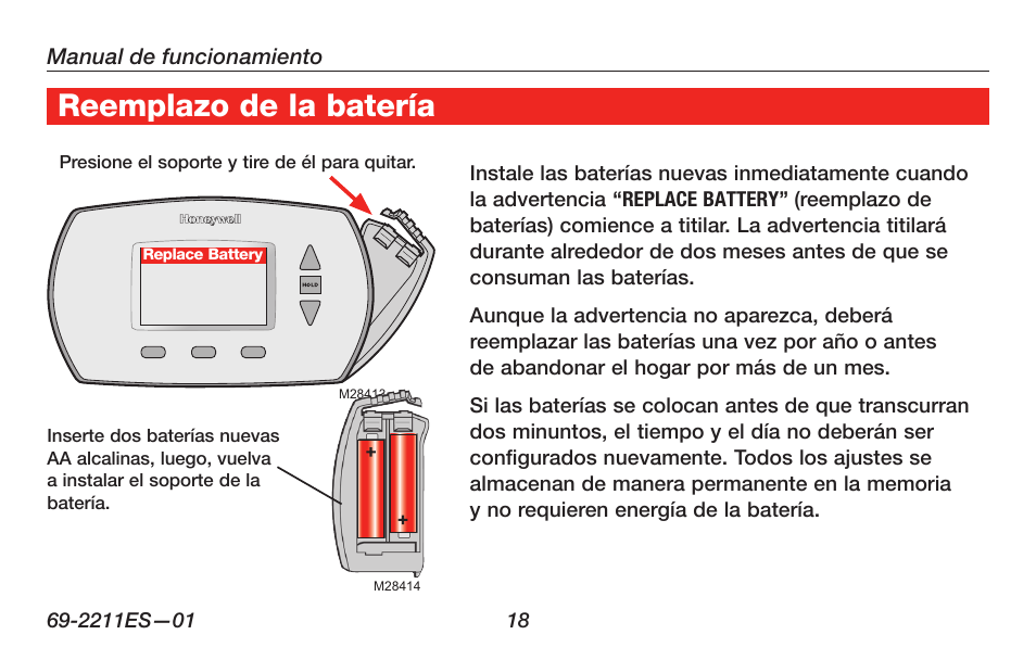 Acerca de su nuevo termostato, Reemplazo de la batería | Honeywell RTH6400 User Manual | Page 46 / 52