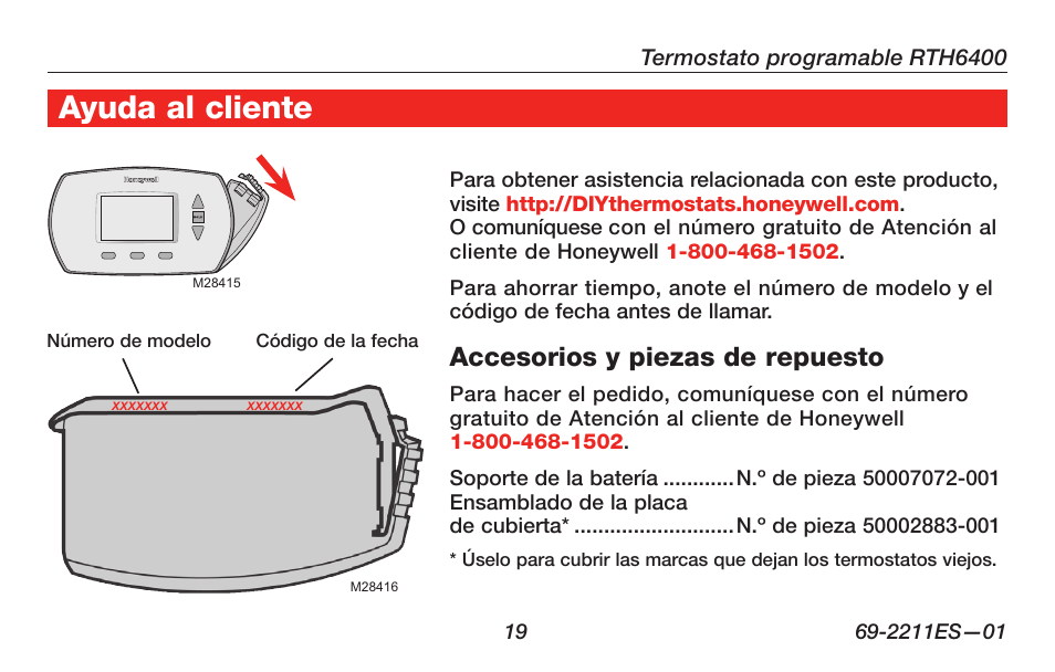 Acerca de su nuevo termostato, Ayuda al cliente, Accesorios y piezas de repuesto | Honeywell RTH6400 User Manual | Page 47 / 52