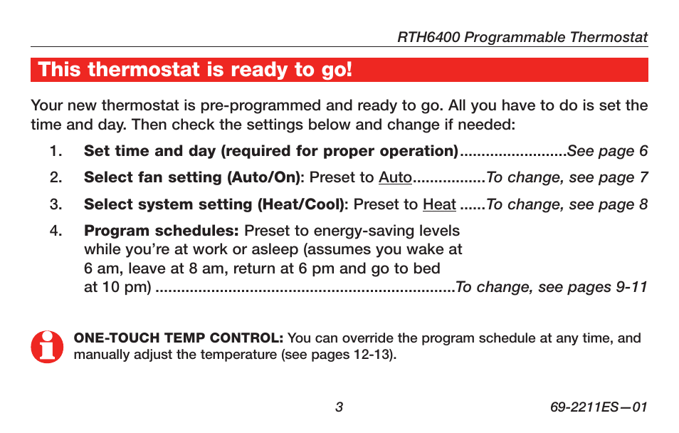 This thermostat is ready to go | Honeywell RTH6400 User Manual | Page 5 / 52