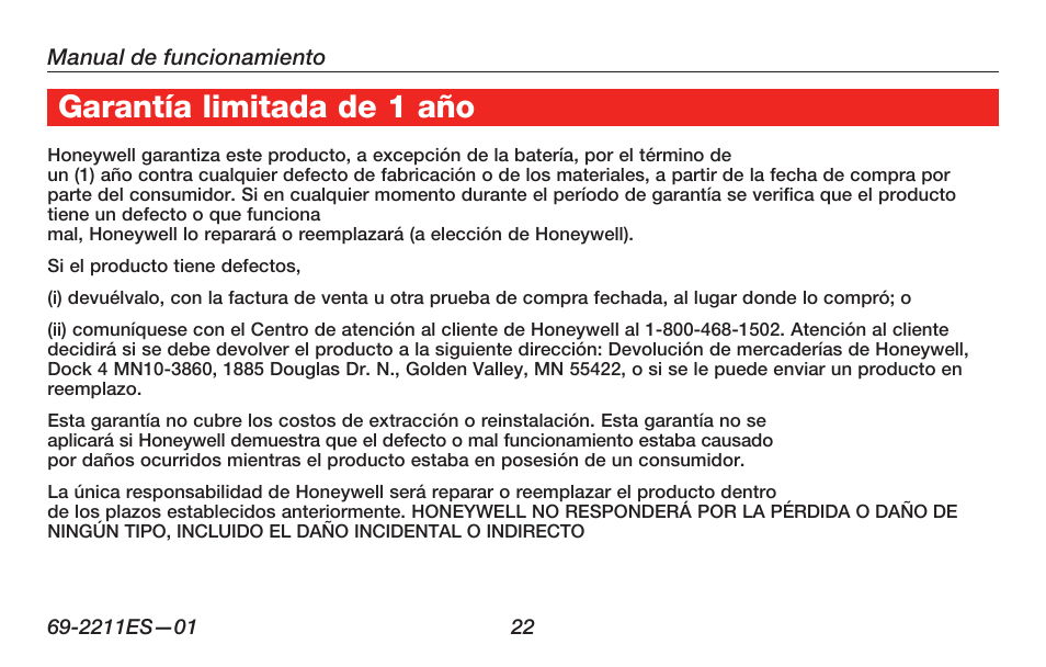 Garantía limitada de 1 año | Honeywell RTH6400 User Manual | Page 50 / 52