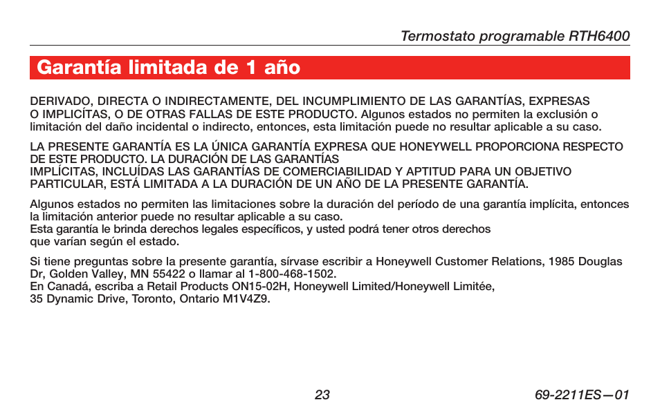 Garantía limitada de 1 año | Honeywell RTH6400 User Manual | Page 51 / 52