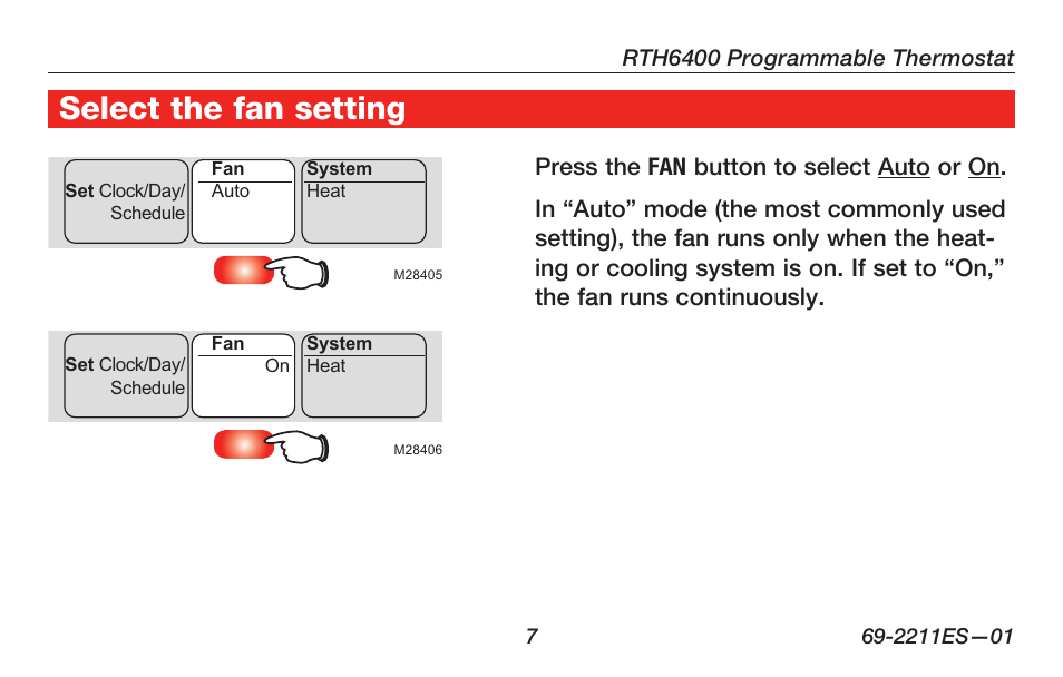 Select the fan setting | Honeywell RTH6400 User Manual | Page 9 / 52