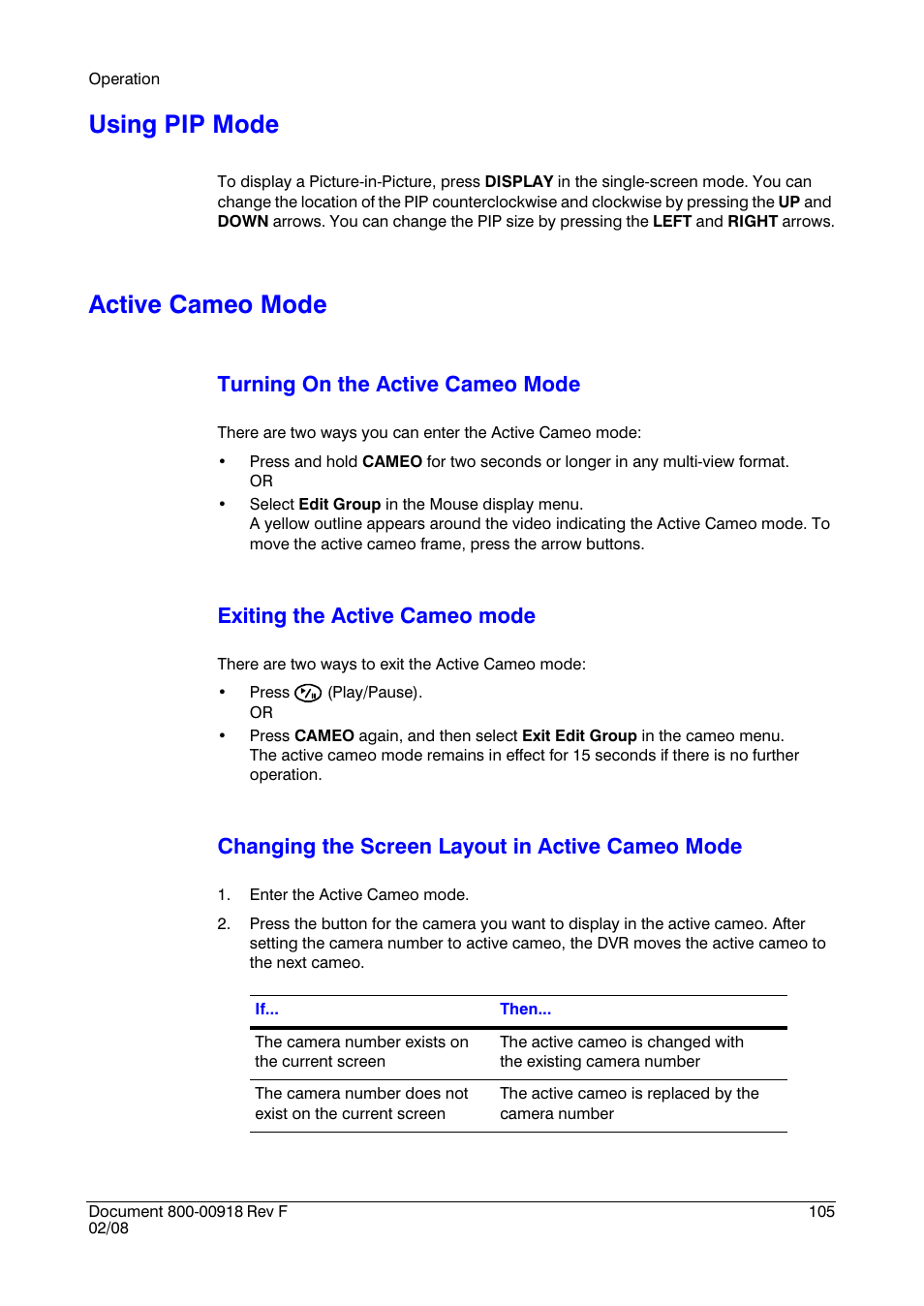 Using pip mode, Active cameo mode, Turning on the active cameo mode | Exiting the active cameo mode, Changing the screen layout in active cameo mode | Honeywell HRSD16 User Manual | Page 105 / 160