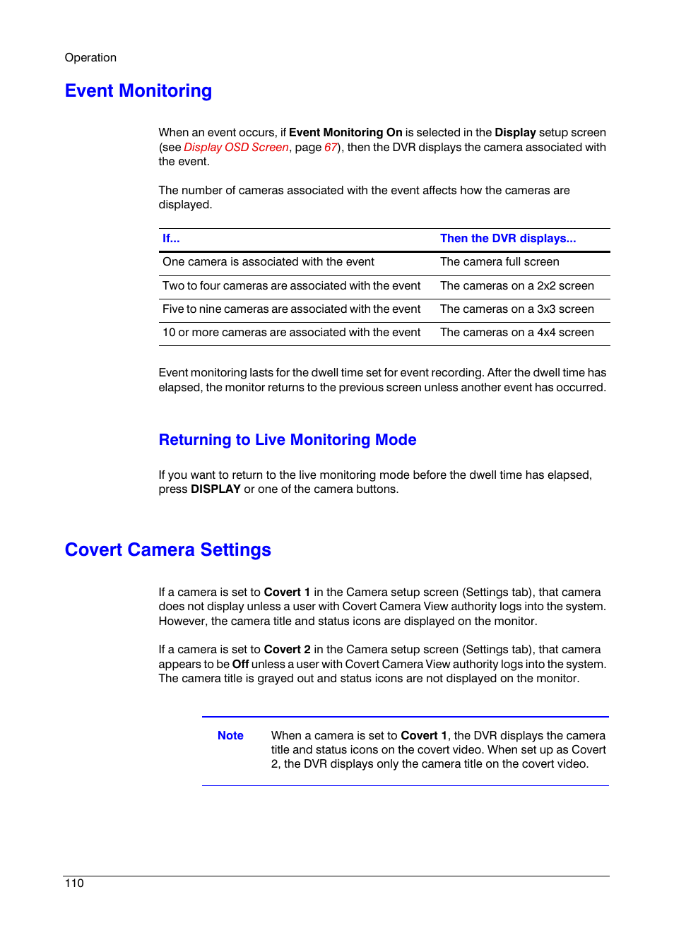 Event monitoring, Covert camera settings, Returning to live monitoring mode | Honeywell HRSD16 User Manual | Page 110 / 160