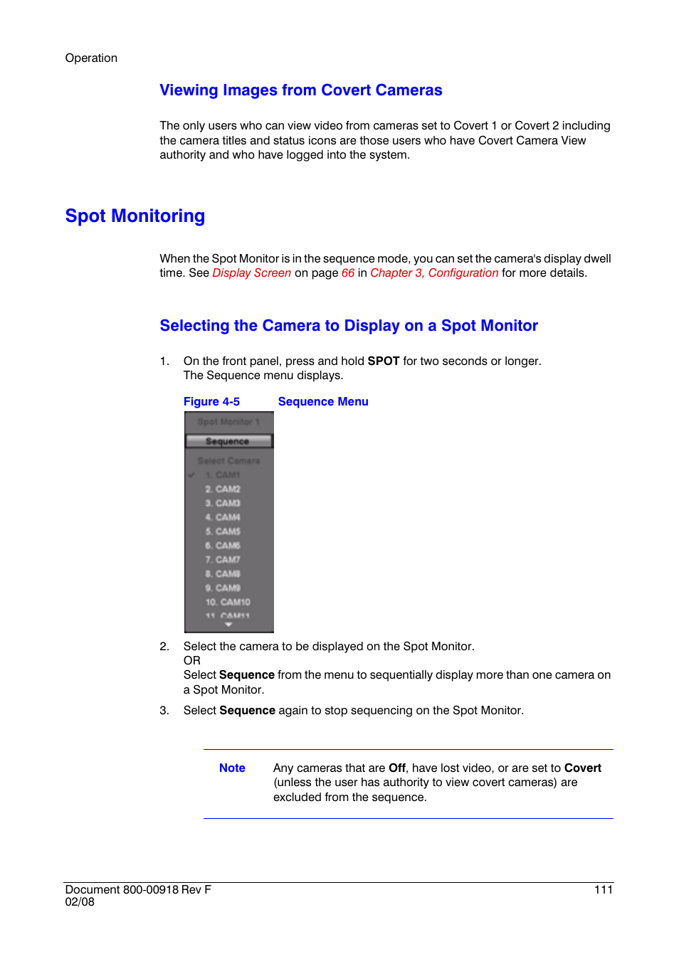 Spot monitoring, Viewing images from covert cameras, Selecting the camera to display on a spot monitor | Honeywell HRSD16 User Manual | Page 111 / 160